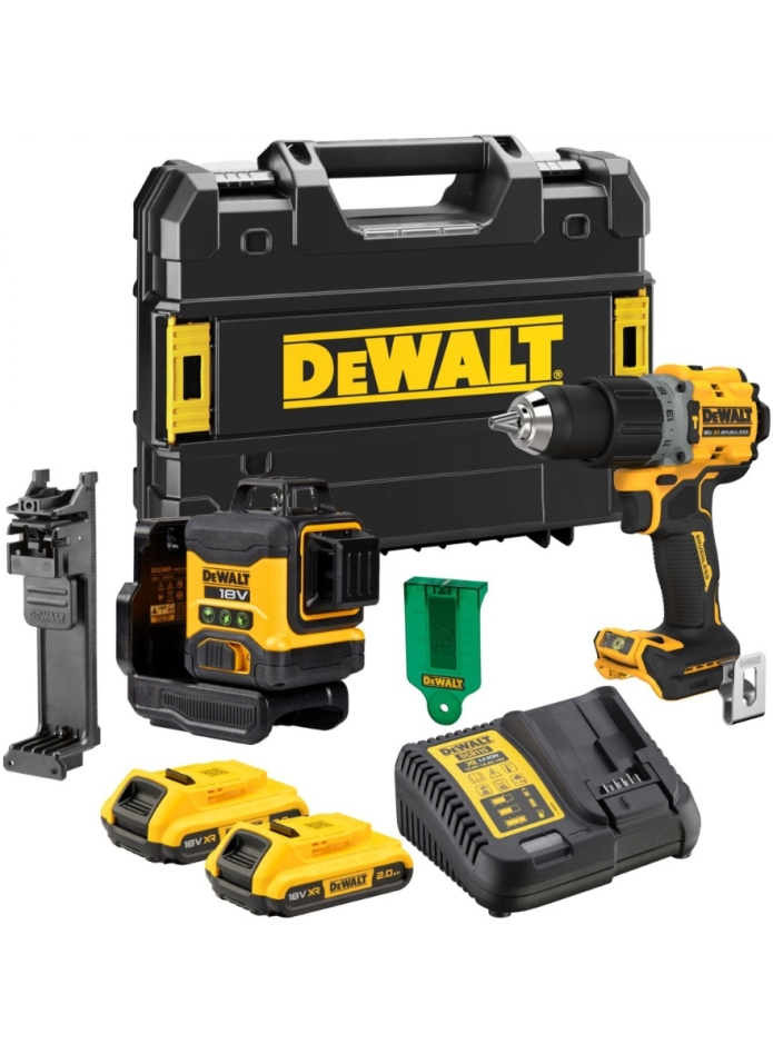 DeWALT DCK2095D2T-QW Voordeelset 18 Volt 2,0 AH Li-ion - DCLE34031 groebe laser + DCD791 accuboor