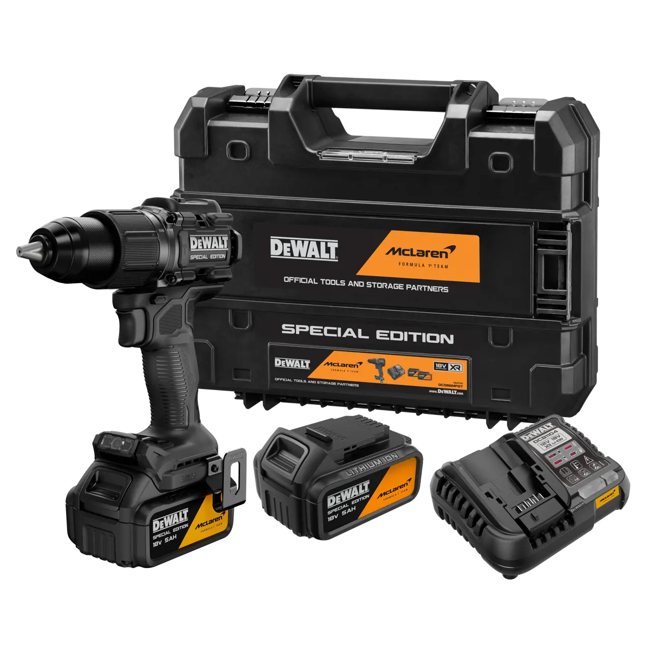 DEWALT DCD86MP2T-QW 18V XR DEWALT x MCLAREN Brushless Accu Schroef-/klopboormachine 2x 18V 5.0Ah accu's en lader in TSTAK