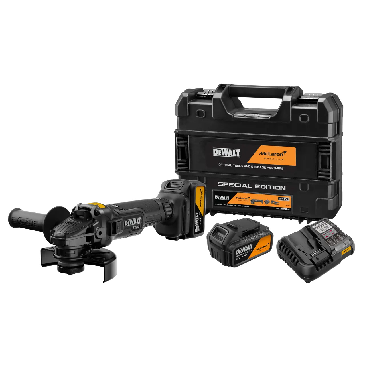 DEWALT DCG45MP2T-QW 18V XR DEWALT x MCLAREN Brushless Accu Haakse slijper 125mm 2x 18V 5.0Ah accu's en lader in TSTAK