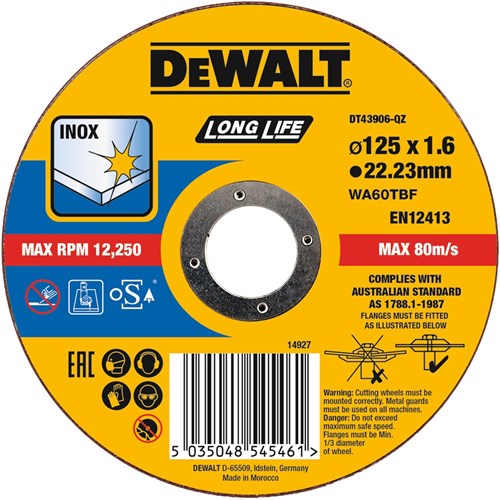 DeWalt Accessoires DT43906-QZ Doorslijpschijf INOX 125 x 1.6 x 22,2mm