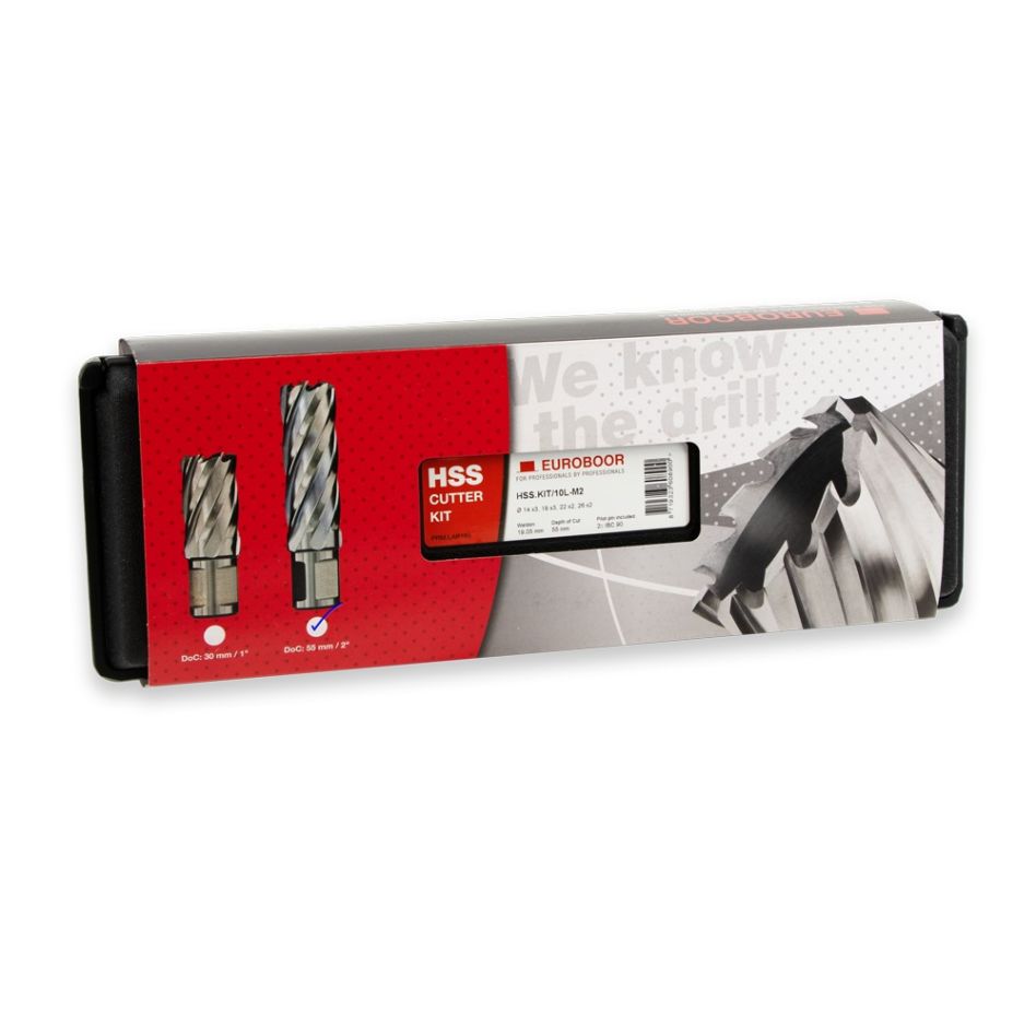 Euroboor 30521231035004 HSS.KIT/10L-M2 Kernboren set, HSS, DoC 55 mm, Dmin 14 mm, Dmax 26 mm