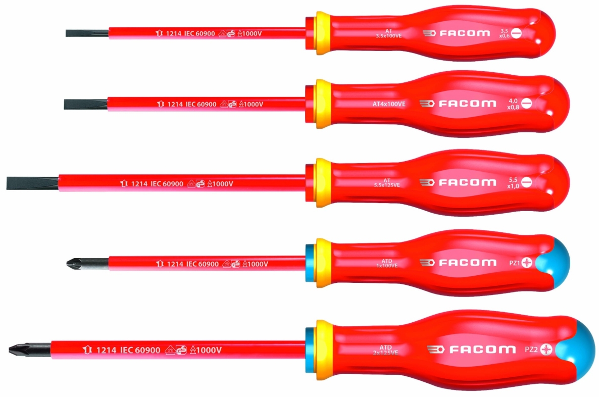Facom ATD.J5TVEPB Set Van 5 geïsoleerde Schroevendraaiers Met Extra Dun Bled Sleuf, PH