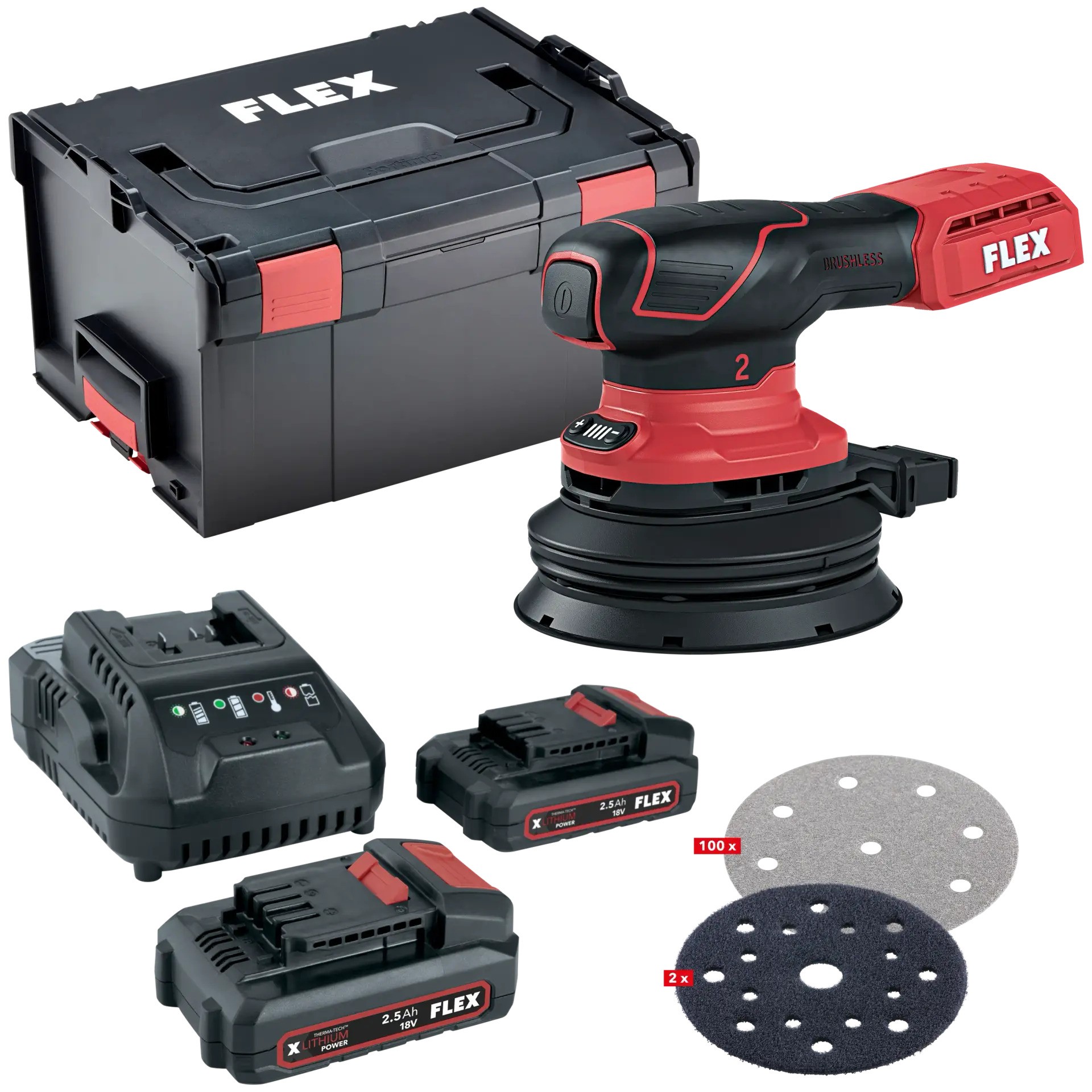 Flex-tools 535125 ORE 2-125 18-EC + P-SET 22 Q + Schuurpapierset Excentrische schuurmachine 125mm met toerentalregeling 18V 2,5Ah Li-Ion in L-Boxx