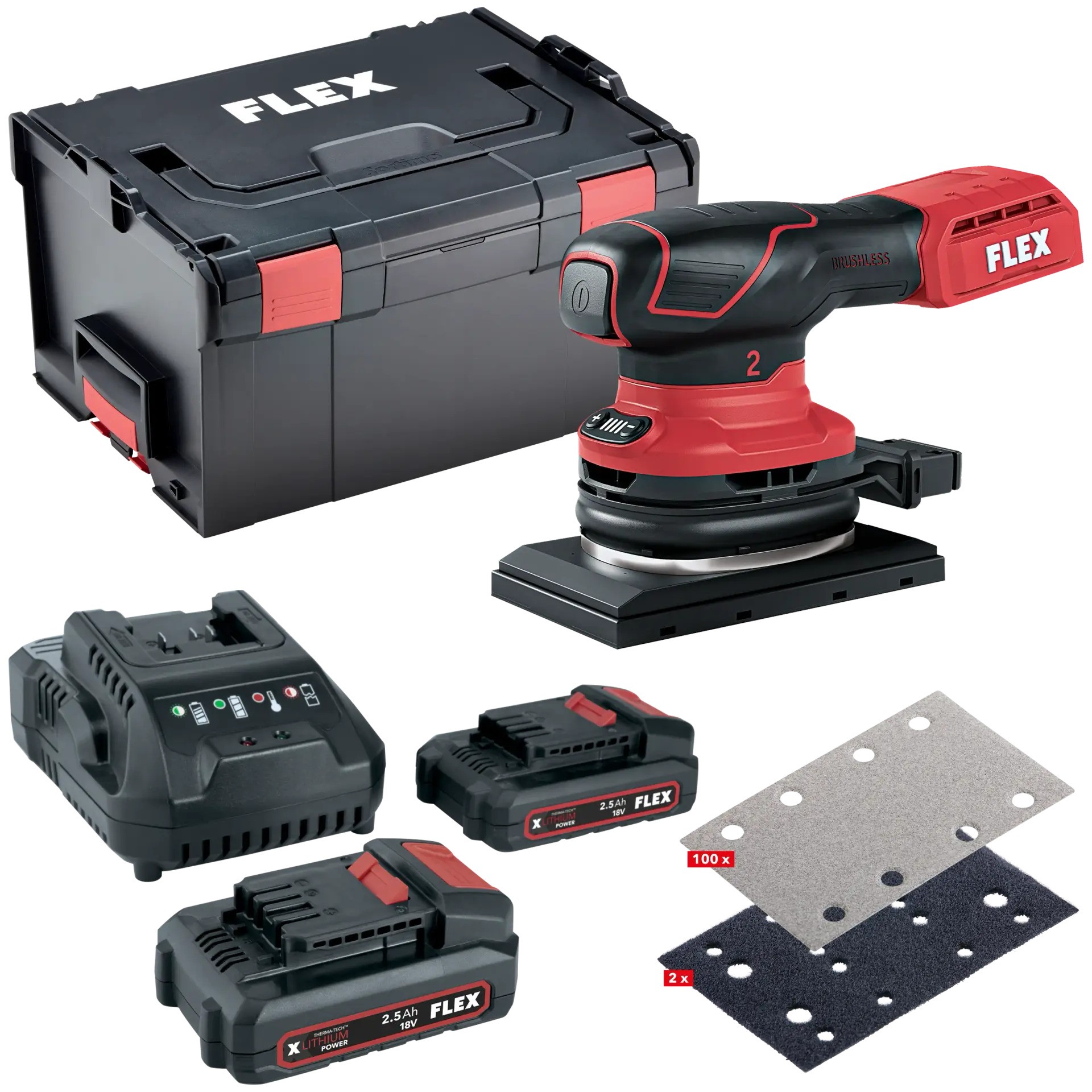 Flex-tools 535126 OSE 2-80 18-EC + P-SET 22 Q + Schuurpapierset Vlakschuurmachine 80x130 met toerentalregeling 18V 2,5Ah Li-Ion in L-Boxx