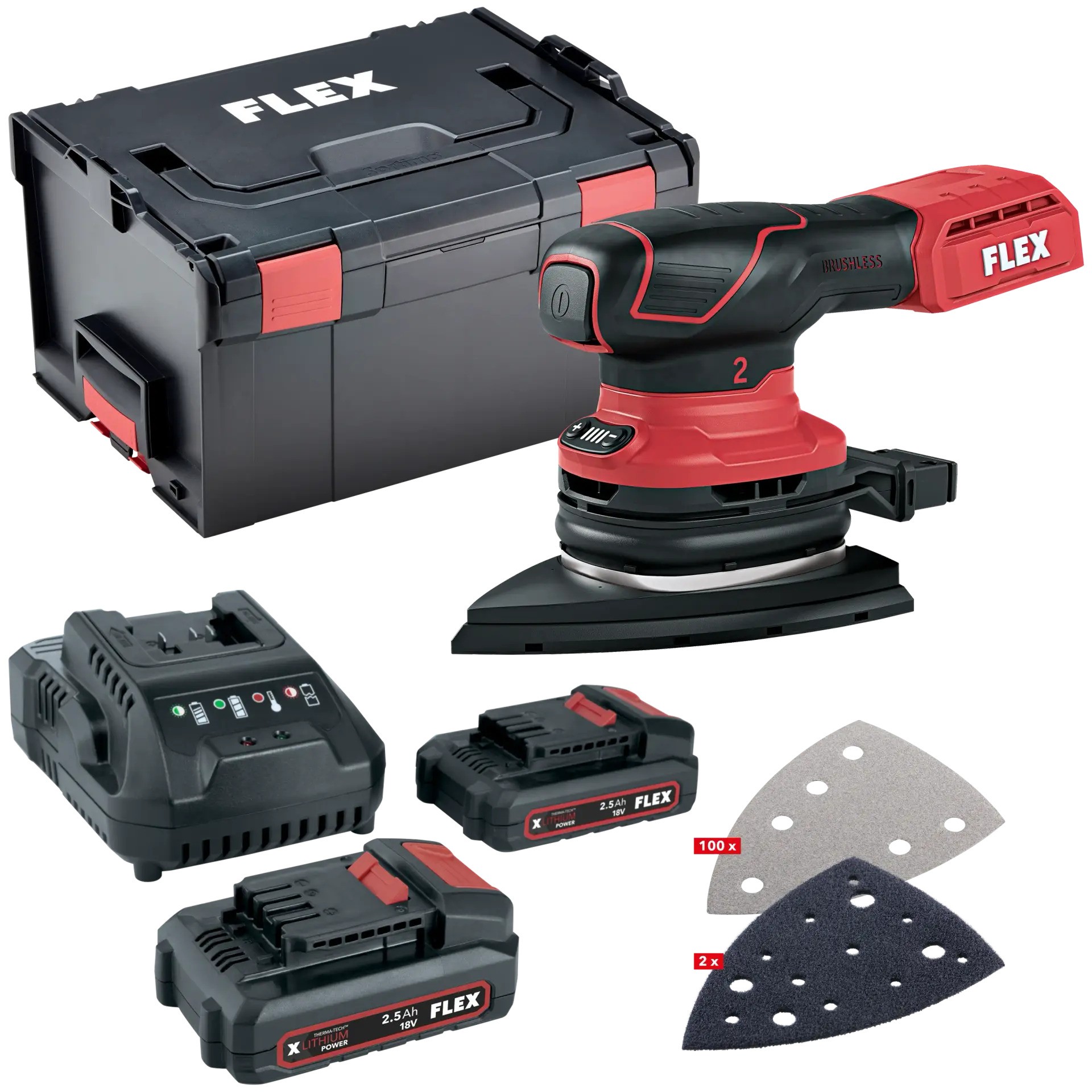 Flex-tools 535127 ODE 2-100 18-EC + P-SET 22 Q + Schuurpapierset Deltaschuurmachine met toerentalregeling 18V 2,5Ah Li-Ion in L-Boxx