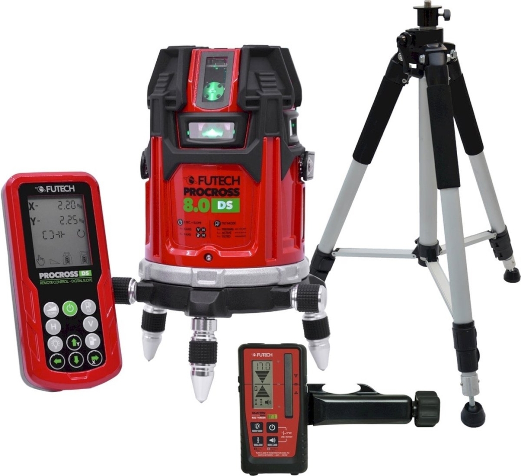 Futech 044.80G.4M-P Procross 8.0 DS Groen kruislijnlaser 8 lijnen + Quatro MM Ontvanger + statief 300 cm