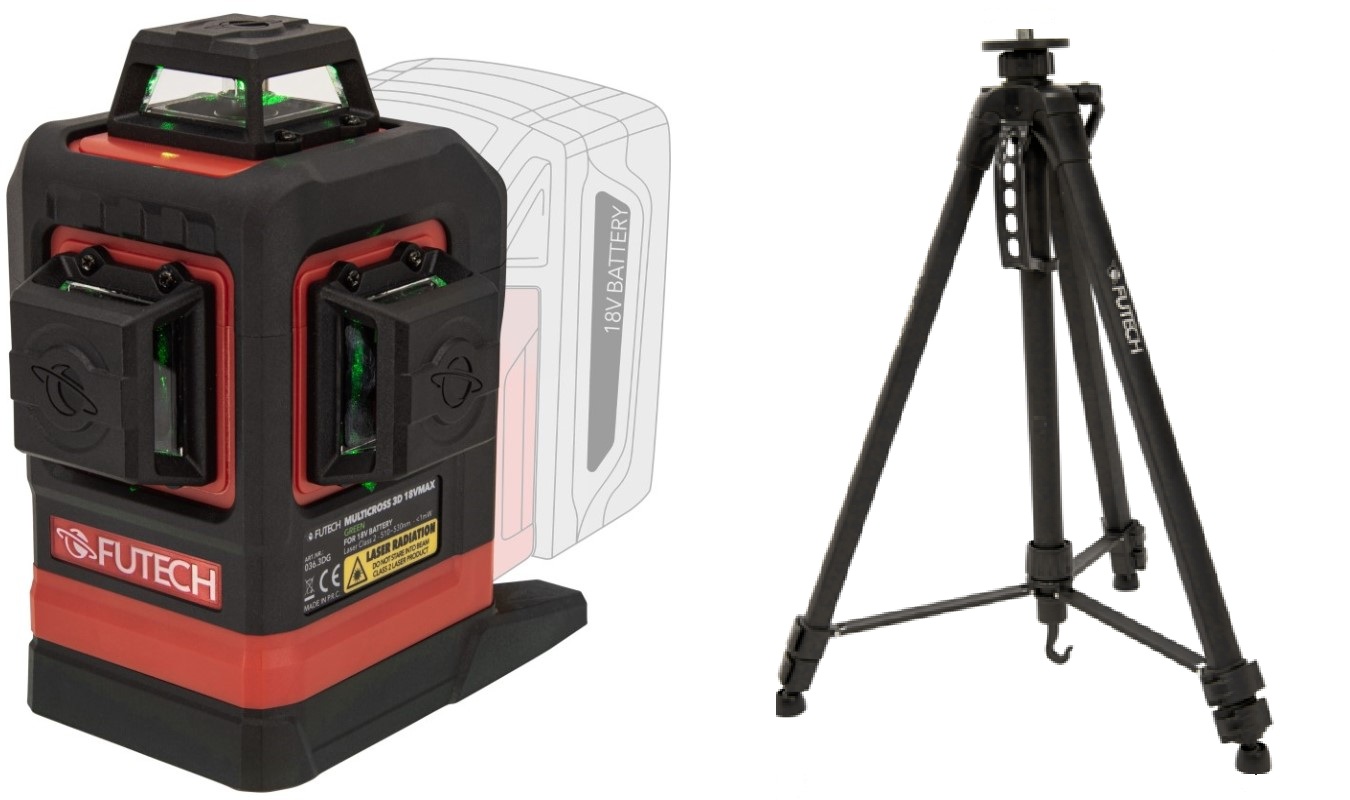 Futech 036.3DG-P MultiCross 3D 18V MAX Groen kruislijnlaser 3D excl. accu's en lader  + statief 180cm