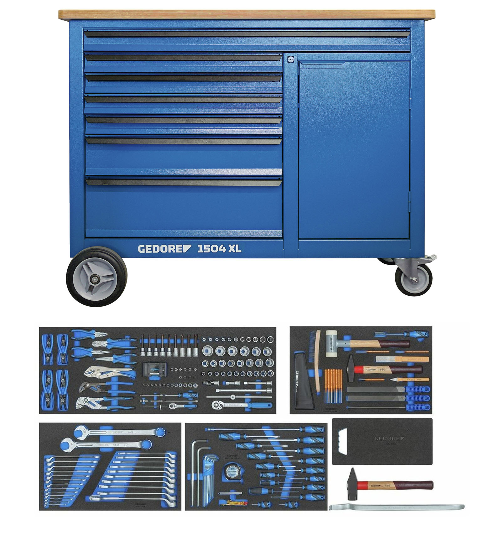 Gedore 3434826 1504 XL-S-198 Verrijdbare werkbank 198-Delig met 7 laden