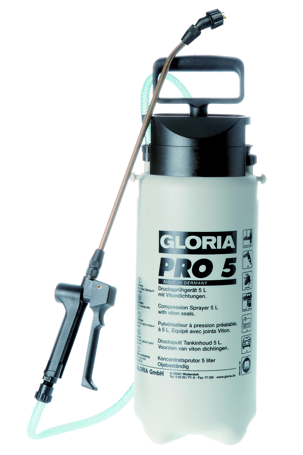 Gloria 000081.0725 Pro 5 Drukspuit 5l Viton afdichtingen vlakke nevel 80°