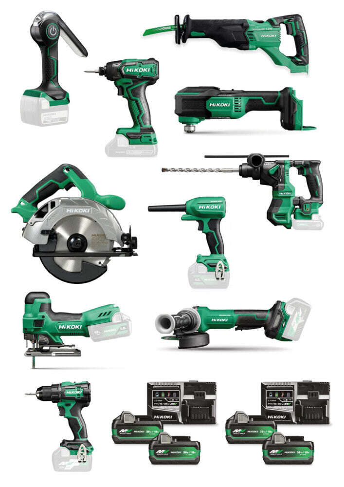 HiKOKI KC18H10A-MVA4 Accu Comboset 10 machines 4x 18V 5.0Ah accu's en 2x UC18YSL3 lader in 3x HSCII, 1x HSCIII + 2x HSCIV koffers