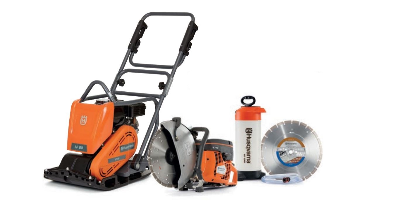 Husqvarna Powercutter/TrilplaatLF80LK770350mmset LF80L Trilplaat + K770 Motordoorslijper 350 mm + Watertank + Diamantzaagblad Tacti-Cut S50 Plus