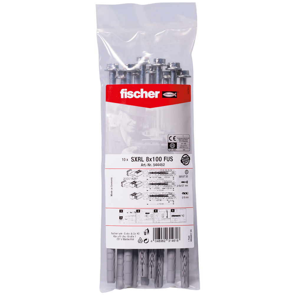 Fischer 544452 Constructieplug SXR 8 x 100 FUS schroef met zeskante kop met U-ring 544452