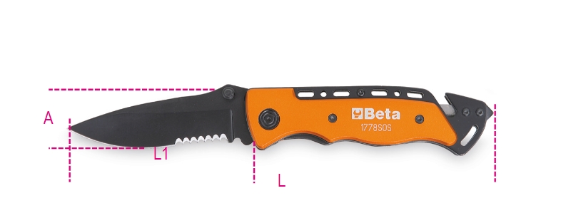 Beta 017780080 1778SOS Klapmes, met ramenbreker en gordelsnijder. In etui.