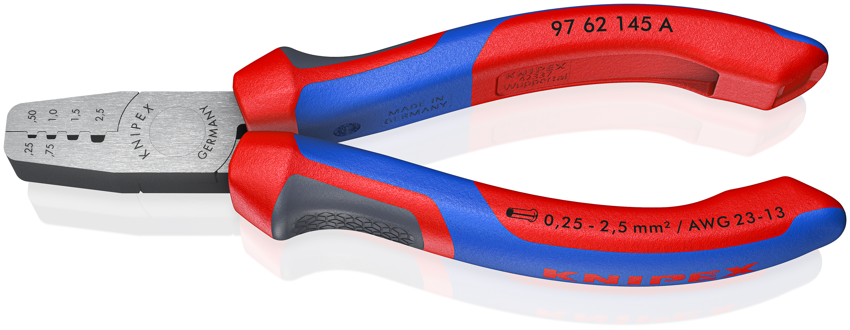 Knipex 97 62 145 A Krimptang voor adereindhulzen DIN 46228 deel 1 + 4 van 0,25 tot 2,5 mm²
