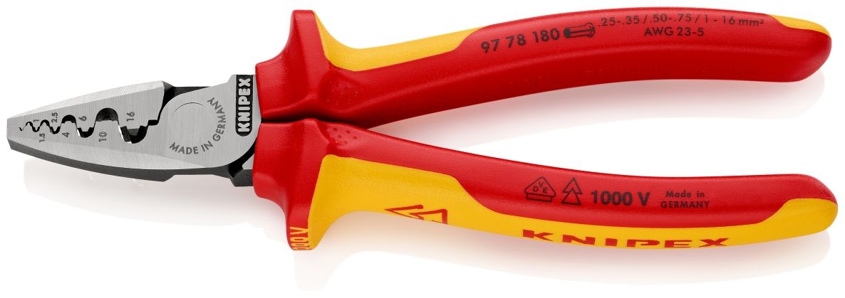Knipex 97 78 180 Krimptang voor adereindhulzen DIN 46228 deel 1 + 4 van 0,25 tot 16 mm²