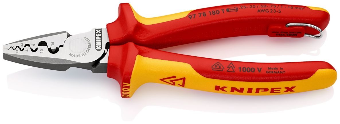 Knipex 97 78 180 T Krimptang voor adereindhulzen DIN 46228 deel 1 + 4 van 0,25 tot 16 mm²