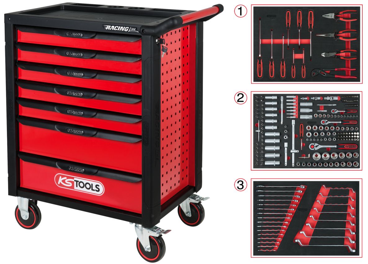KS Tools 826.7215 RACINGline ZWART/ROOD Gereedschapswagen met 7 laden en 215 premium gereedschappen