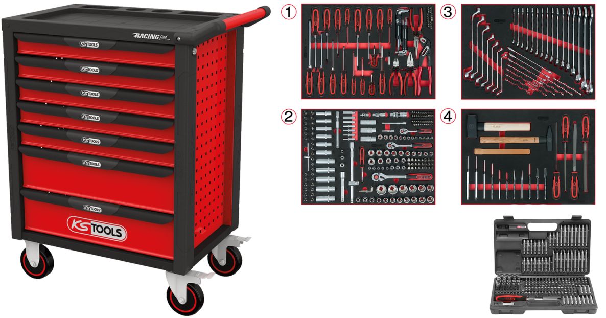KS Tools 826.7515 RACINGline ZWART/ROOD Gereedschapswagen met 7 laden en 515 premium gereedschappen