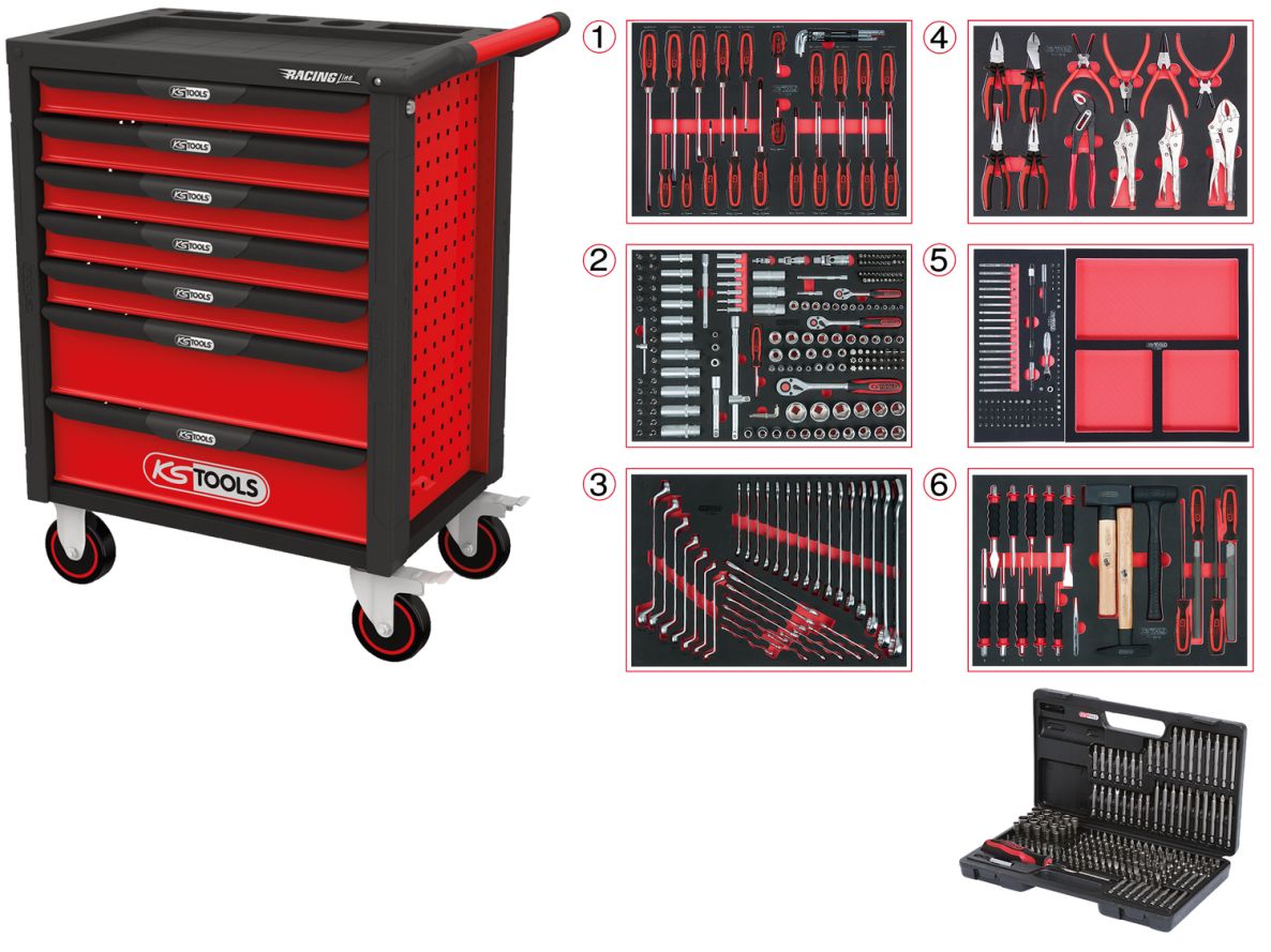 KS Tools 826.7598 RACINGline ZWART/ROOD Gereedschapswagen met 7 laden en 598 premium gereedschappen
