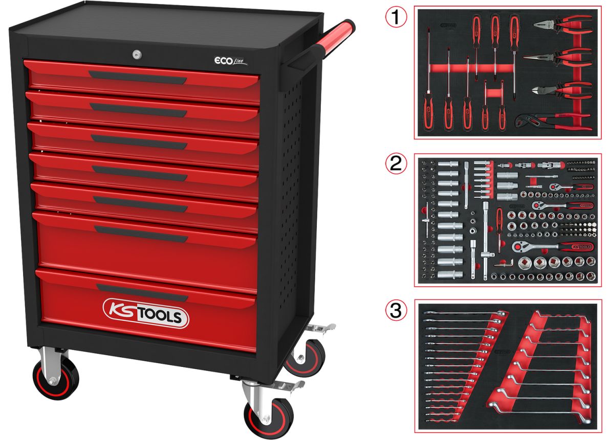 KS Tools 897.7215 ECOline ZWART/ROOD Gereedschapswagen met 7 laden en 215-delig Premium gereedschap