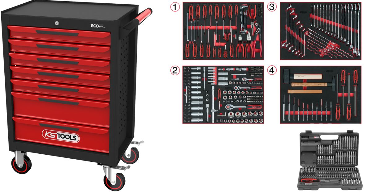 KS Tools 897.7515 ECOline ZWART/ROOD Gereedschapswagen met 7 laden en 515-delig Premium gereedschap