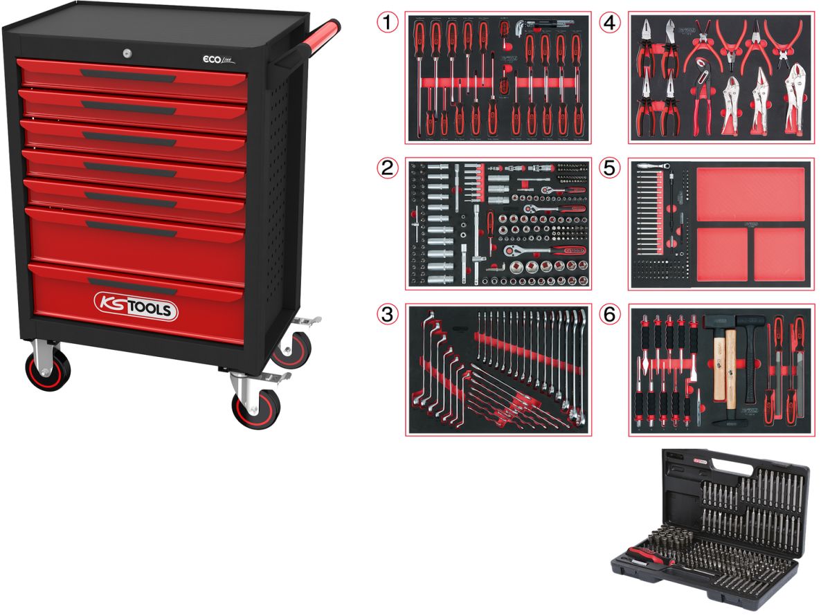 KS Tools 897.7598 ECOline ZWART/ROOD Gereedschapswagen met 7 laden en 598-delig Premium gereedschap