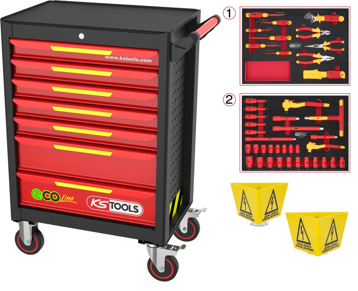 KS Tools 117.6144 ECOline Gereedschapwagen met 42 geïsoleerde gereedschappen voor hybride- en elektrische voertuigen