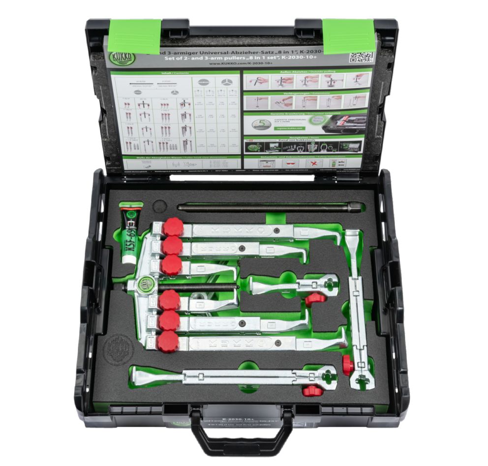 Kukko K-2030-10+ 2- en 3-armige Universele fijn mechanica trekker set met snelverstelbare trekhaken in koffer