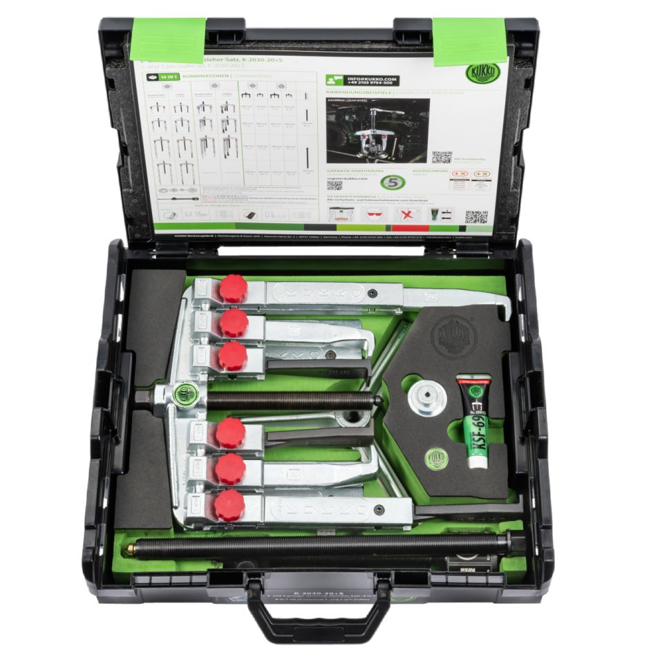 KUKKO K-2030-20+S 2- en 3-armige Universele fijn mechanica trekker set met twee verschillende trekhaken typen in koffer