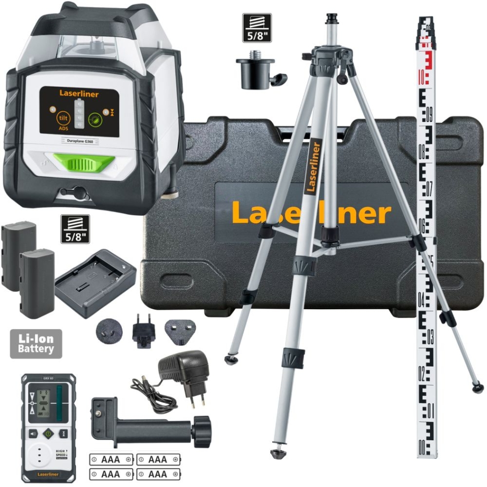 Laserliner 052.555A DuraPlane G360 RX Horizontale 360 graden groene lijnlaser met RangeXtender G60 ontvanger, CrossGrip klem, statief 175cm en nivelleerlat 3m