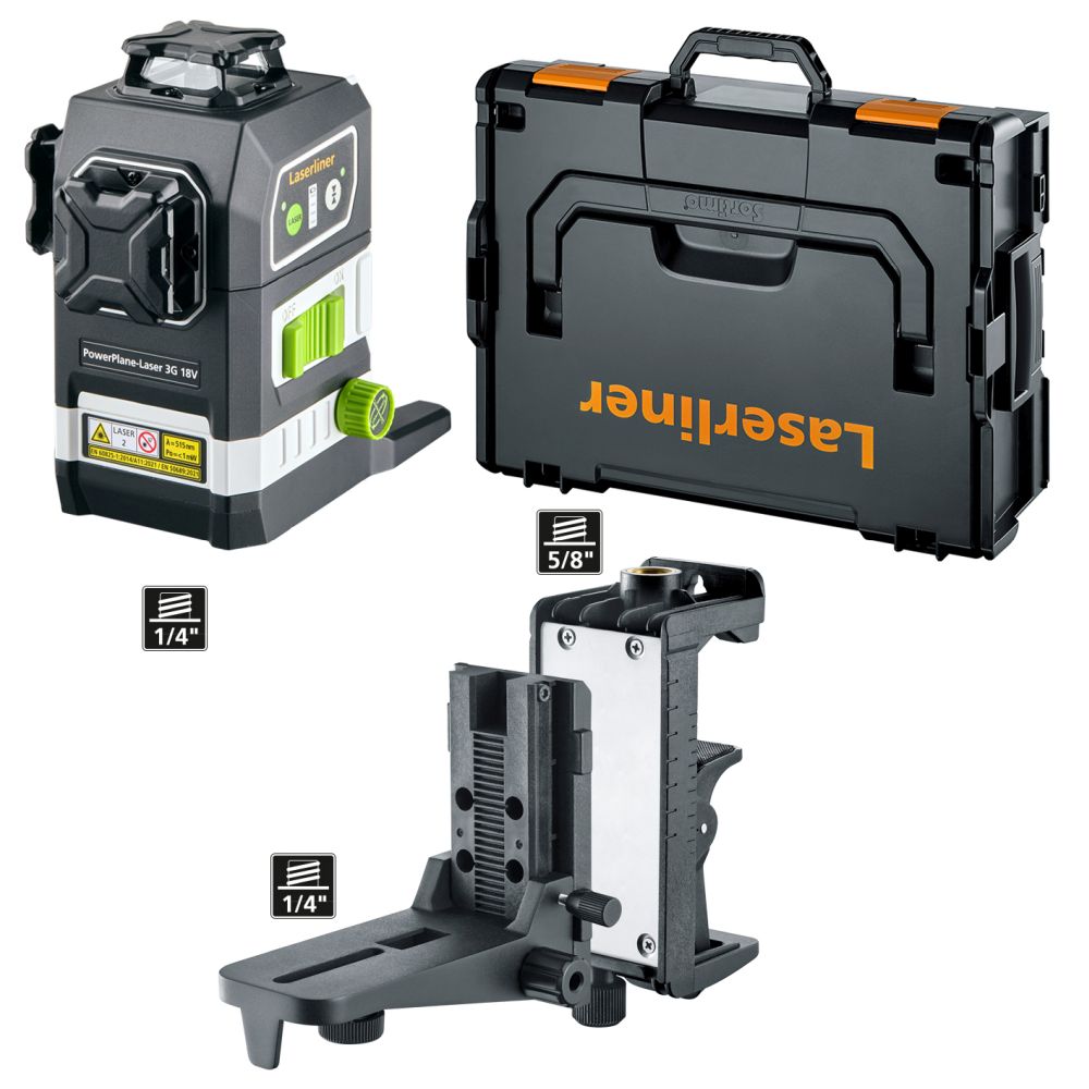 Laserliner 036.380L PowerPlane-Laser 3G Multi 18V SET in L-Boxx excl. accu-adapters, accu en lader