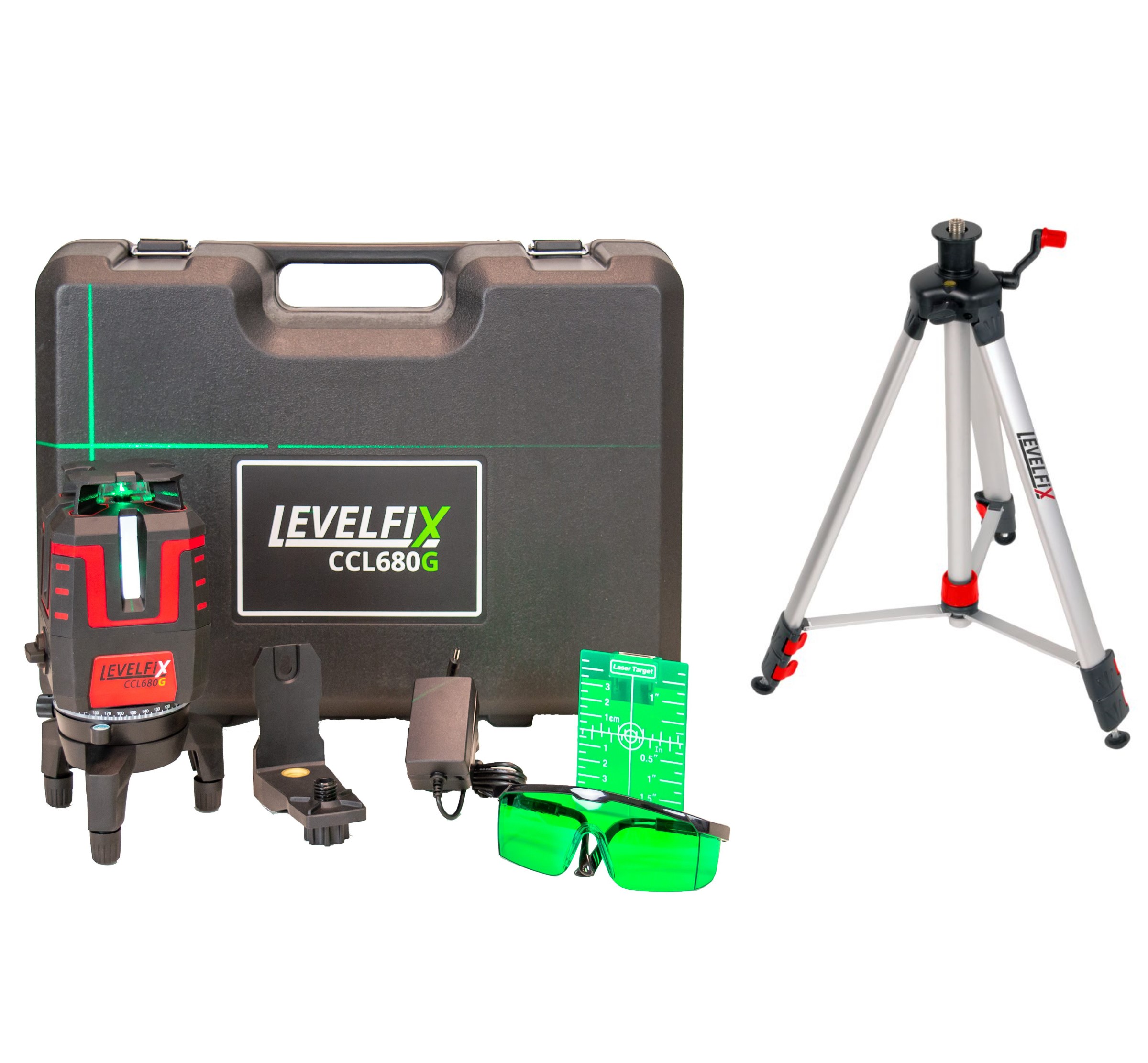 Levelfix 556256 CCL680G SET 360° Kruislijnlaser Groen - 360° horizontale, 4 verticale lijnen en downpoint + Statief 1.5m