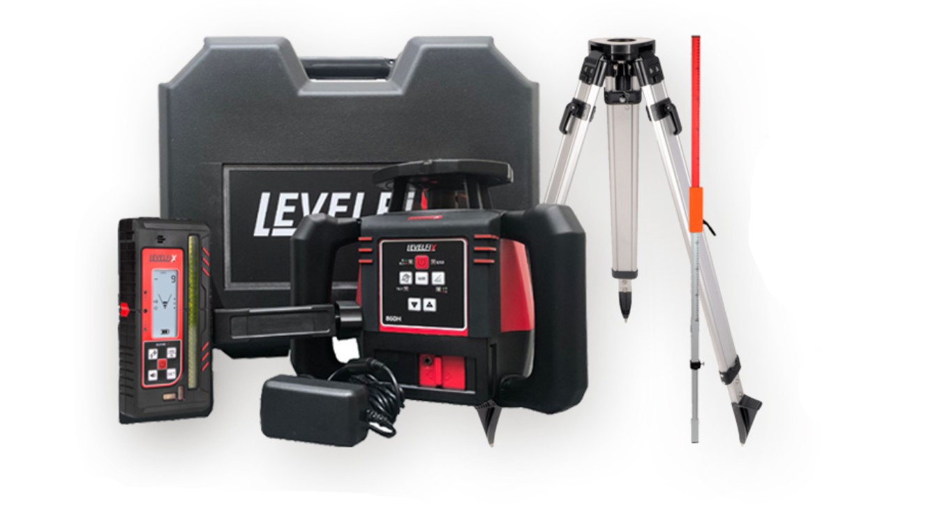 Levelfix 554811 860H Horizontale Rode Bouwlaser met semiautomatisch afschot + Statief 1.8m + Meetbaak