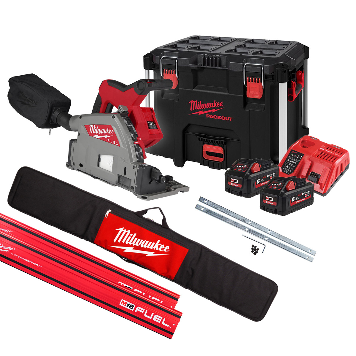 Milwaukee M18FPS55-552PSET Accu Invalzaag 18V 5,5Ah Li-Ion + 2 x Geleiderail 1400mm + Klemmen + Tas in PACKOUT™ toolbox