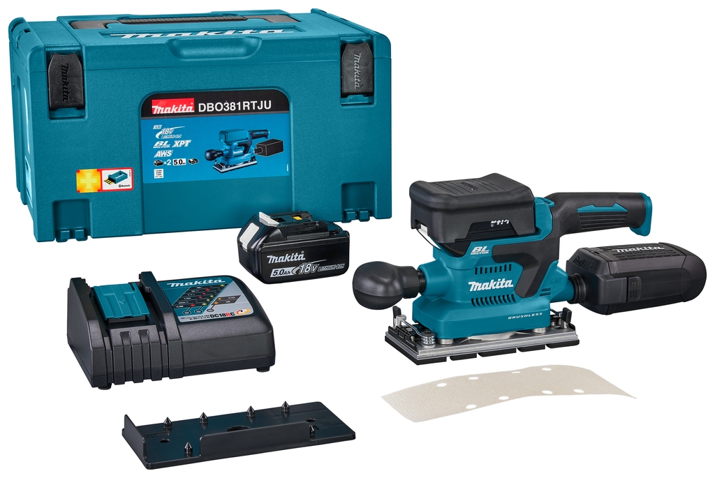Makita DBO381RTJU Accu Vlakschuurmachine met AWS zender 18V 5.0Ah Li-Ion