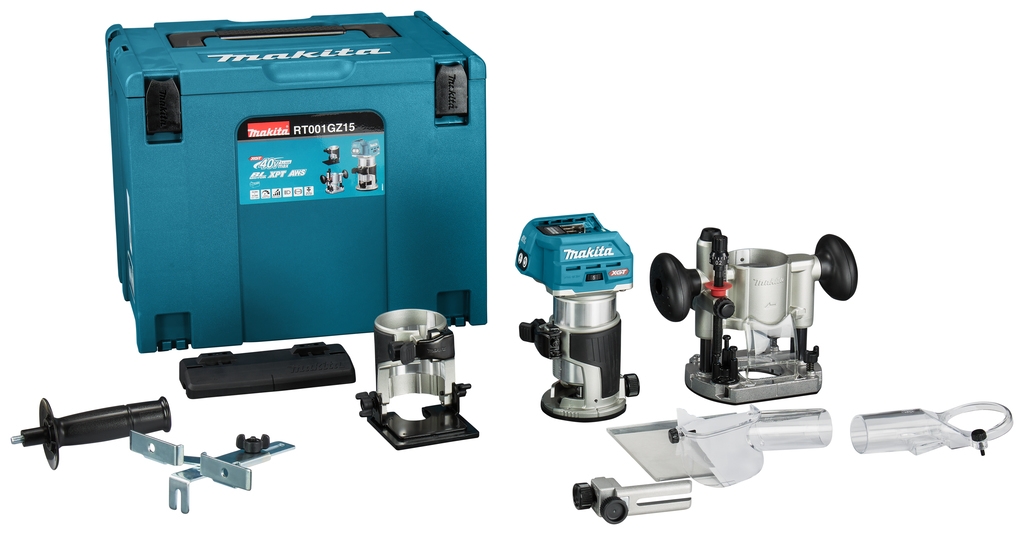 Makita RT001GZ15 Boven- en kantenfreesmachine 40V Max zonder accu's en lader met accessoires en geleiderail adapter in MBox