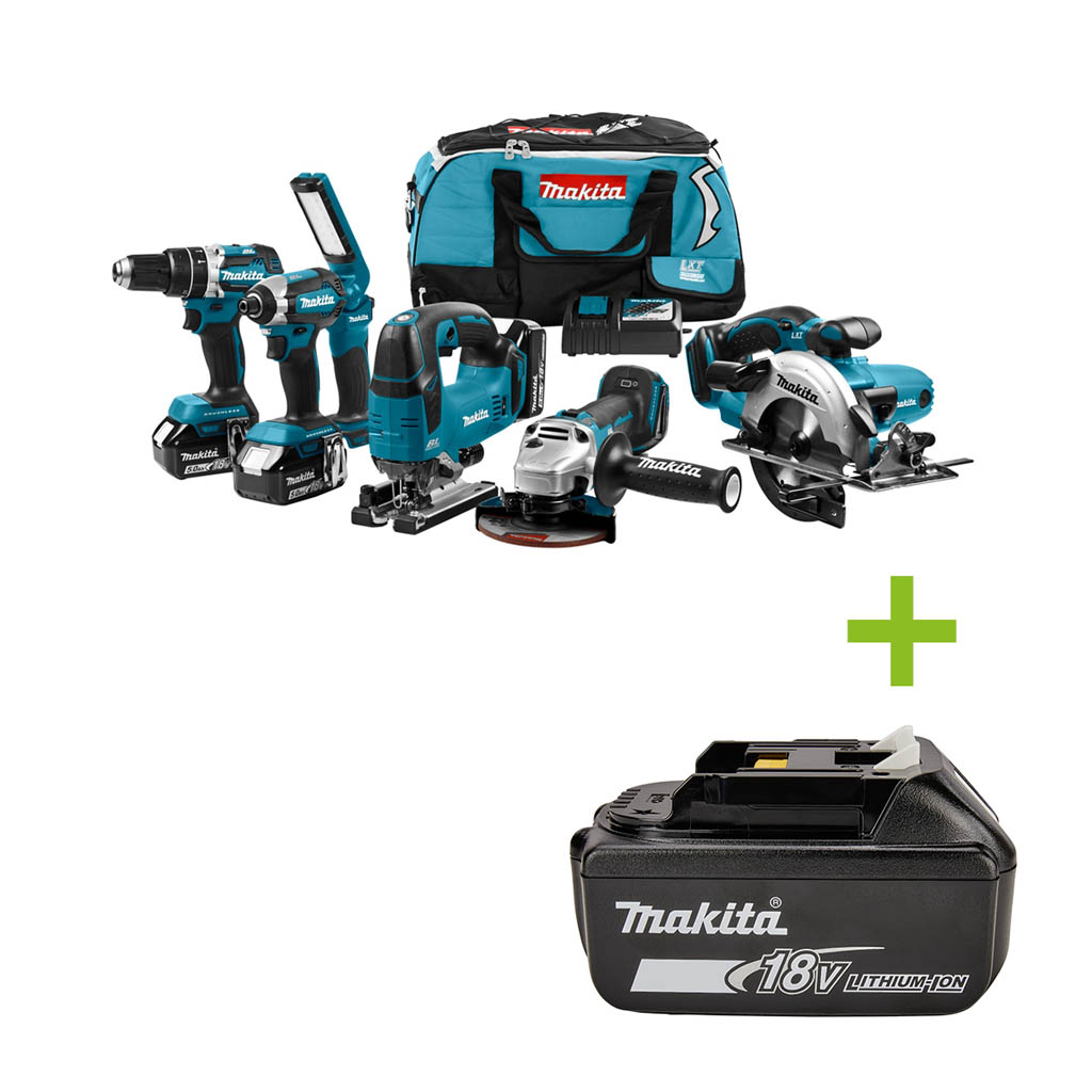 Makita DLX6082T Comboset 18V 3 x 5,0Ah - 5 machines + lamp in sporttas