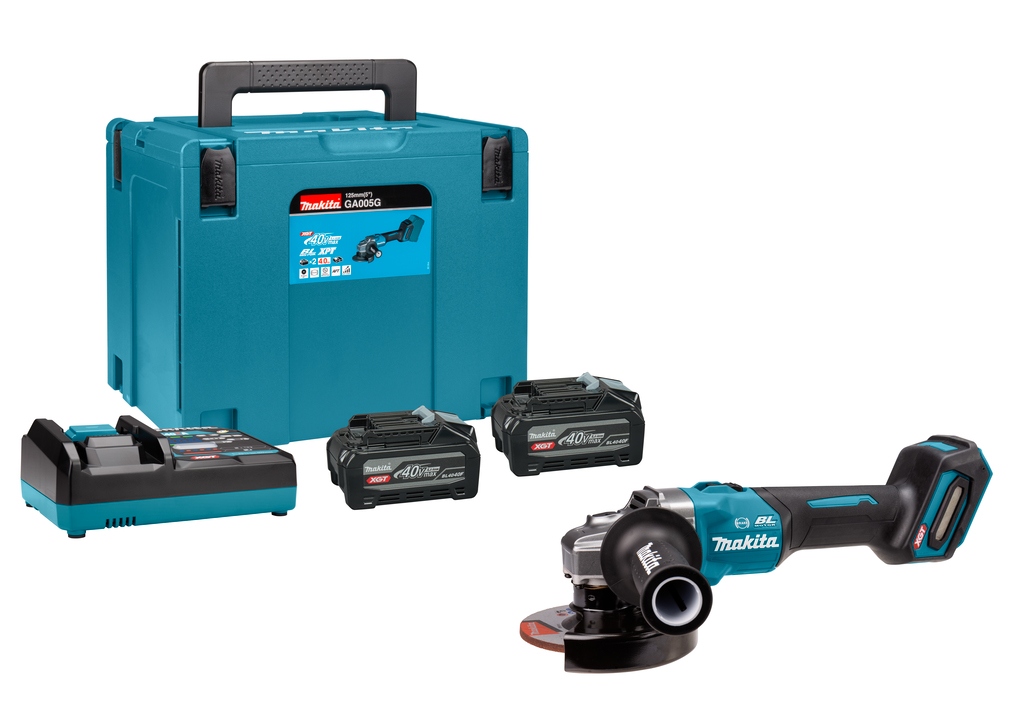 Makita GA005GU201 XGT 40V Max Accu Haakse slijper 125 mm 2x 4,0 Ah accu en snellader + vastzetschakelaar in Mbox 