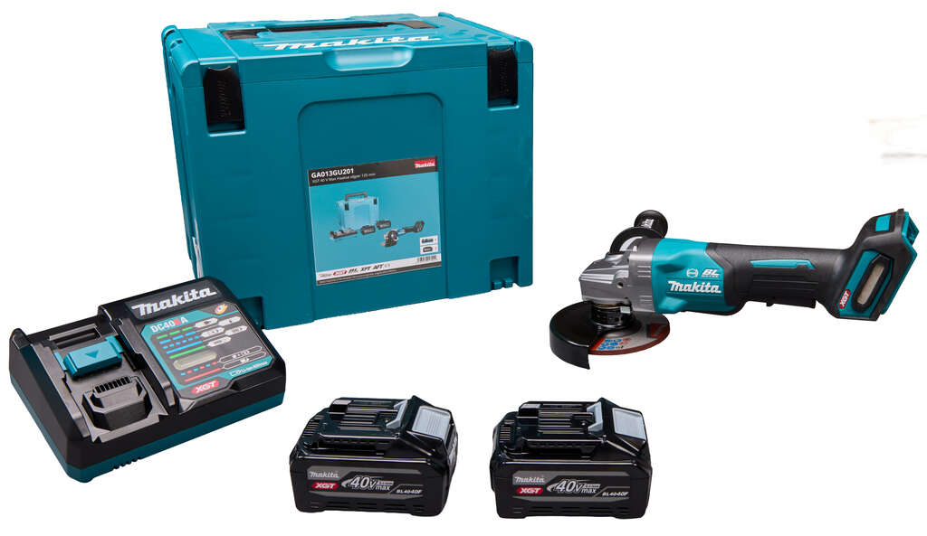 Makita GA013GU201 XGT 40V Max Accu Haakse Slijper 125mm met veiligheidsschakelaar 2x 40V 4.0Ah BL4040F accu's en snellader in Mbox