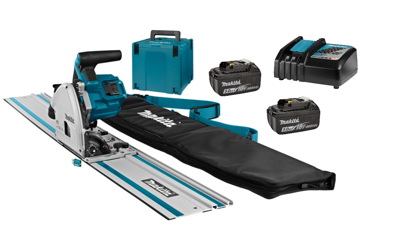 Makita DSP601PJU2 Accu Invalcirkelzaag AWS 2 x 18V 5.0Ah Li-Ion + geleiderail 1500mm + tas