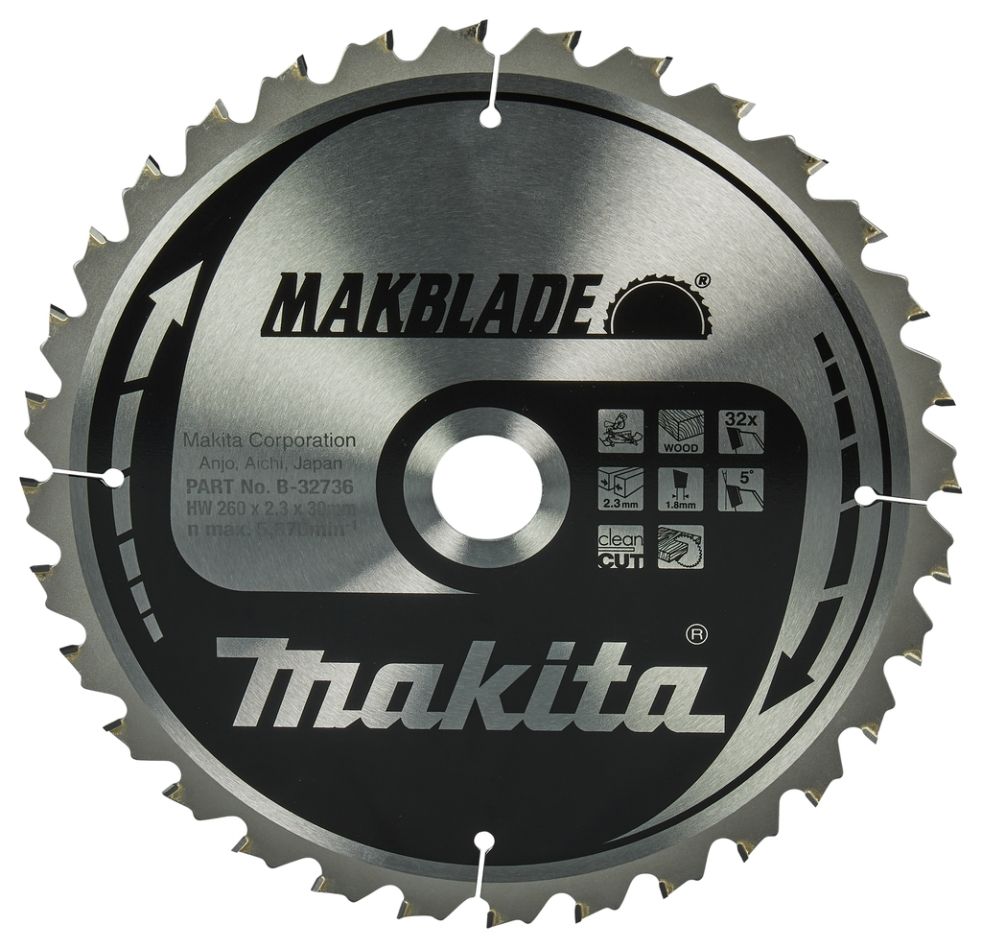 Makita Accessoires B-32736 Afkortzaagblad Makblade Hout ATAF 260 x 30 x 2,3 mm T32