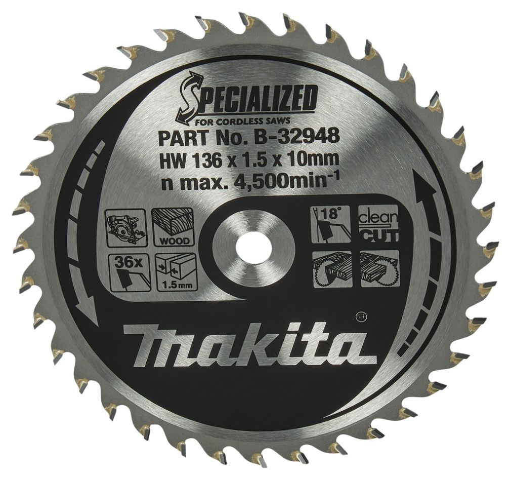 Makita Accessoires B-32948 Cirkelzaagblad Specialized Hout ATAF 136 x 10 x 1,5 mm T36