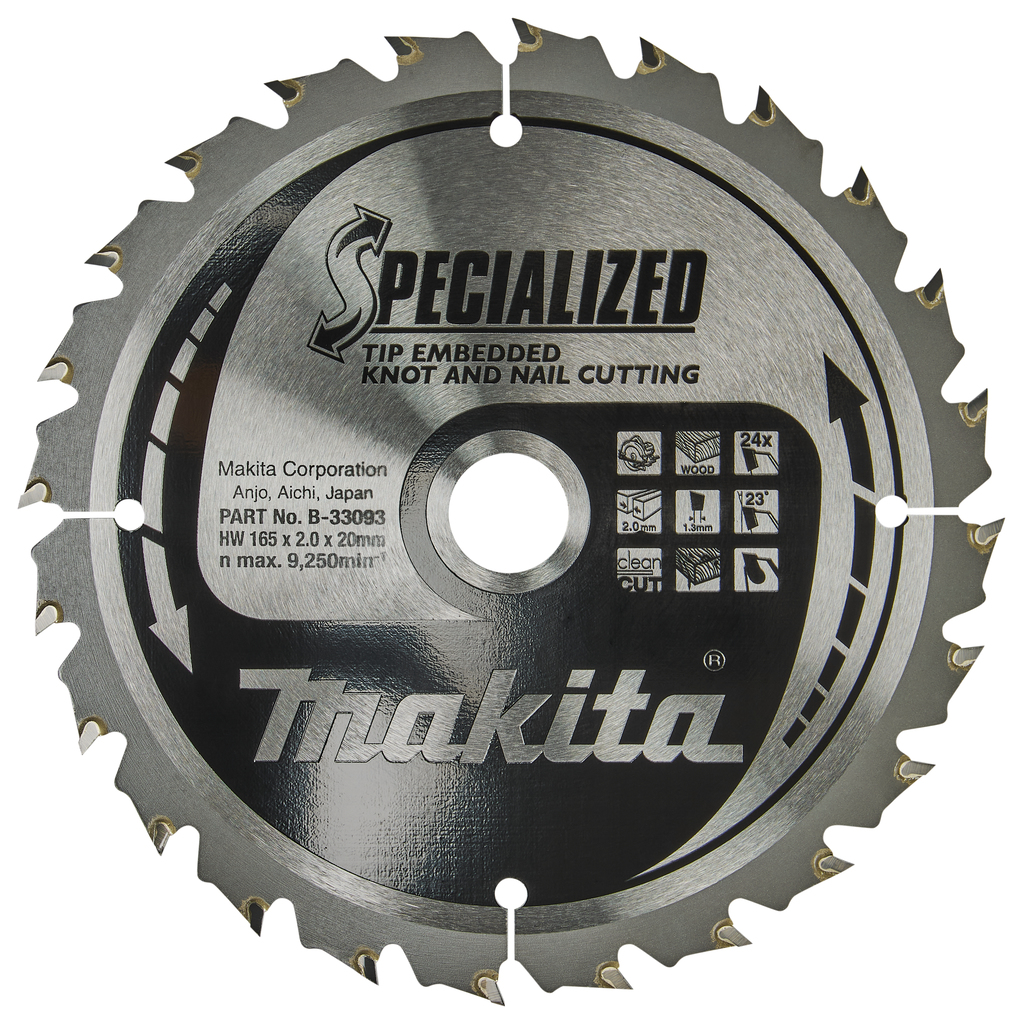 Makita Accessoires B-33093 Cirkelzaagblad Hout (noest/spijker) Specialized 165x20x2,0 24T 23g