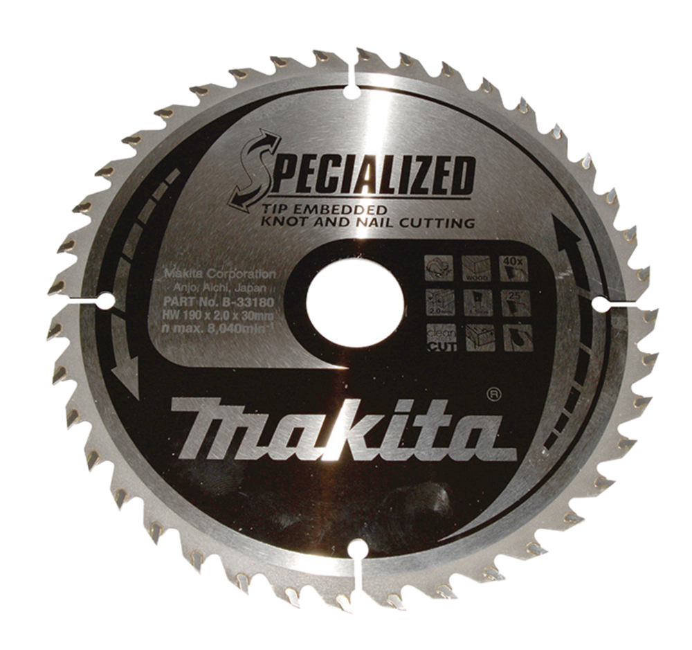 Makita Accessoires B-33180 Cirkelzaagblad Embedded Tip Hout (noest/spijker) 190x30x2,0 40T 25g