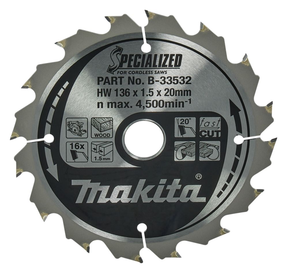 Makita Accessoires B-33532 Cirkelzaagblad Specialized Hout ATAF 136 x 20 x 1,5 mm T16