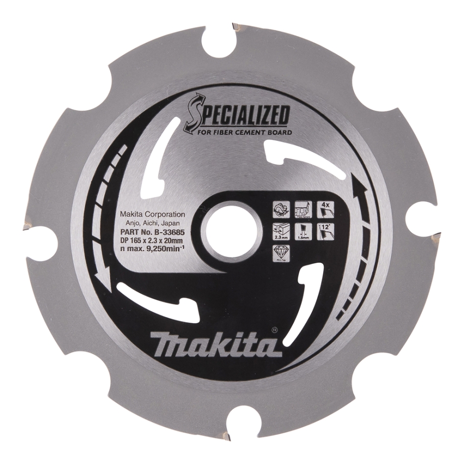 Makita Accessoires B-33685 Cirkelzaagblad Specialized Vezelcementplaat FTG/PCD 165 x 20 x 2,3 mm T4