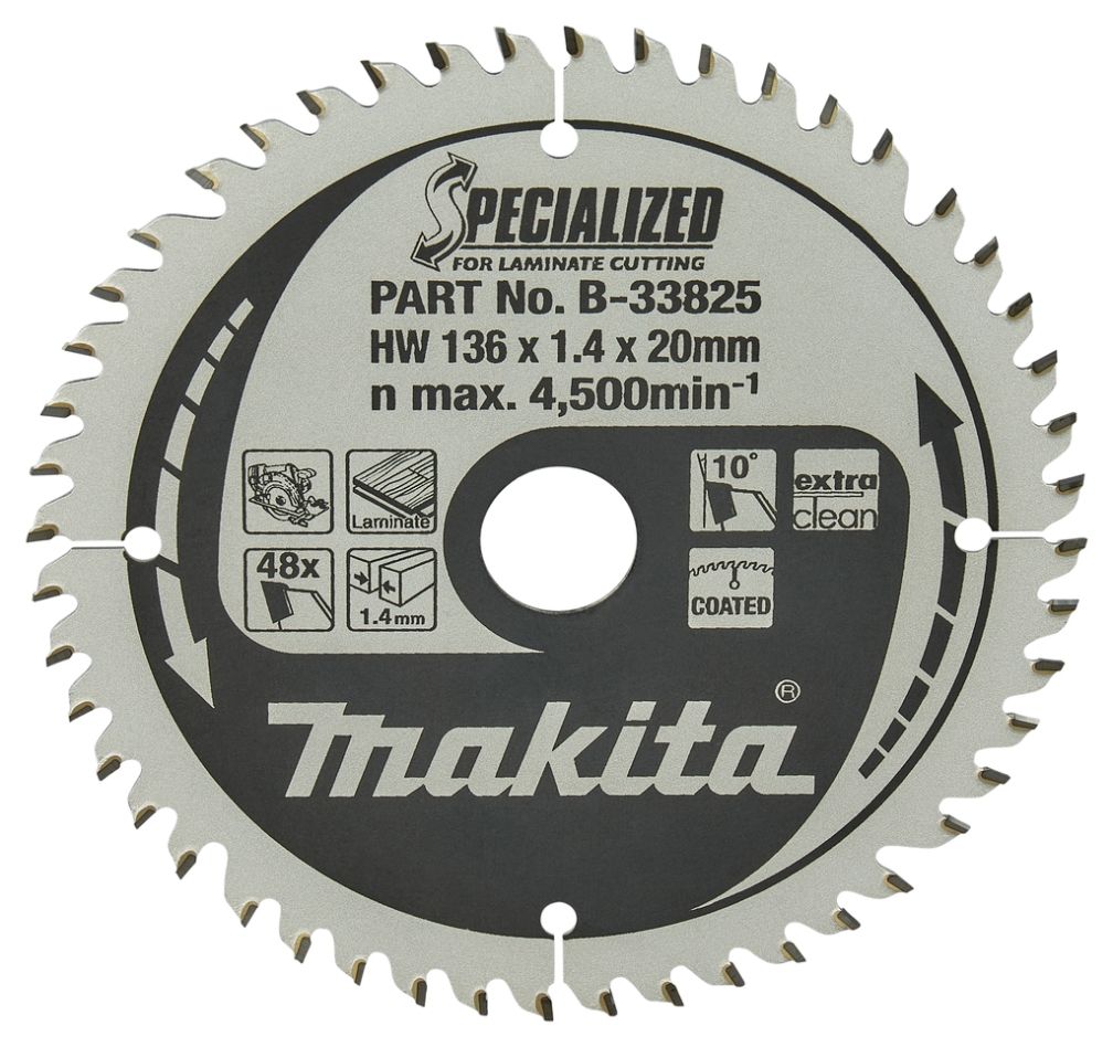 Makita Accessoires B-33825 Cirkelzaagblad Specialized Laminaat ATAF 136 x 20 x 1,45 mm T48