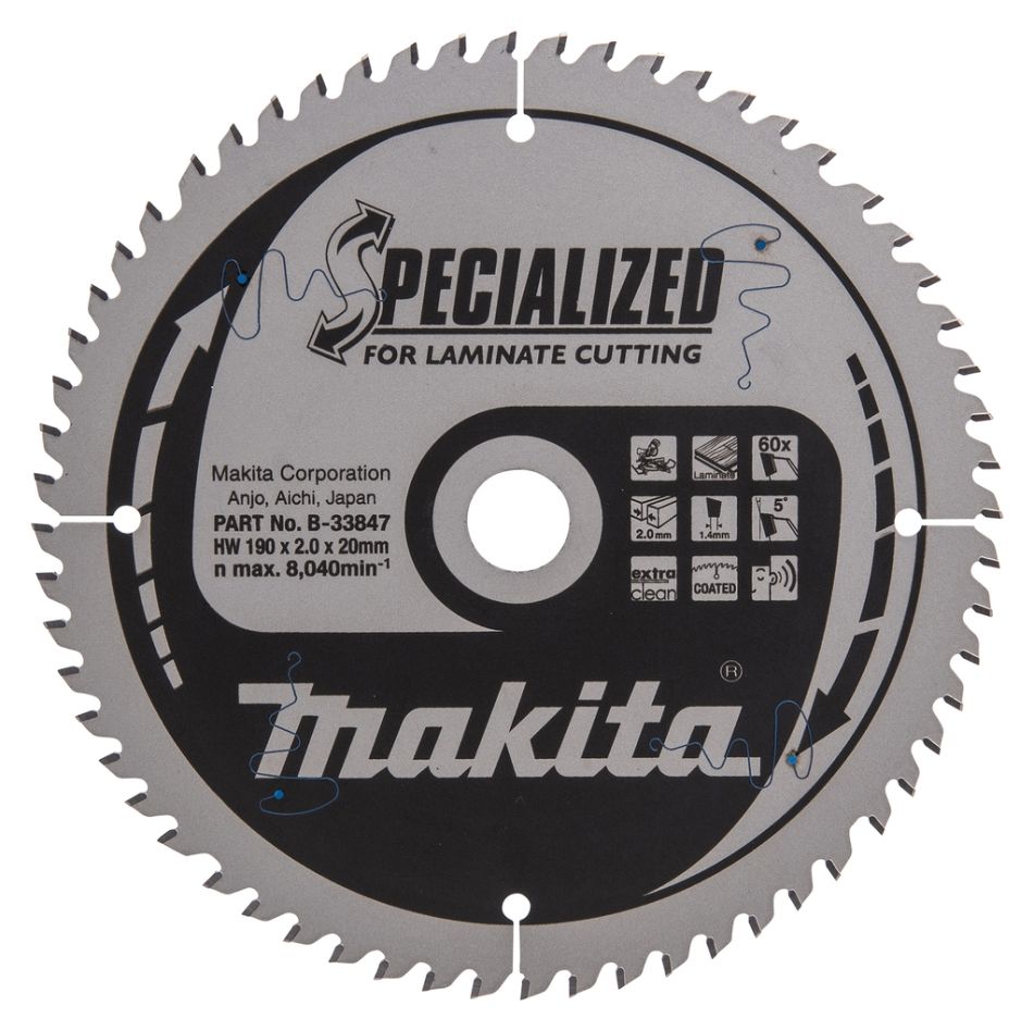 Makita Accessoires B-33847 Afkortzaagblad Specialized Gemelamineerd TCG 190 x 20 x 2 mm T60