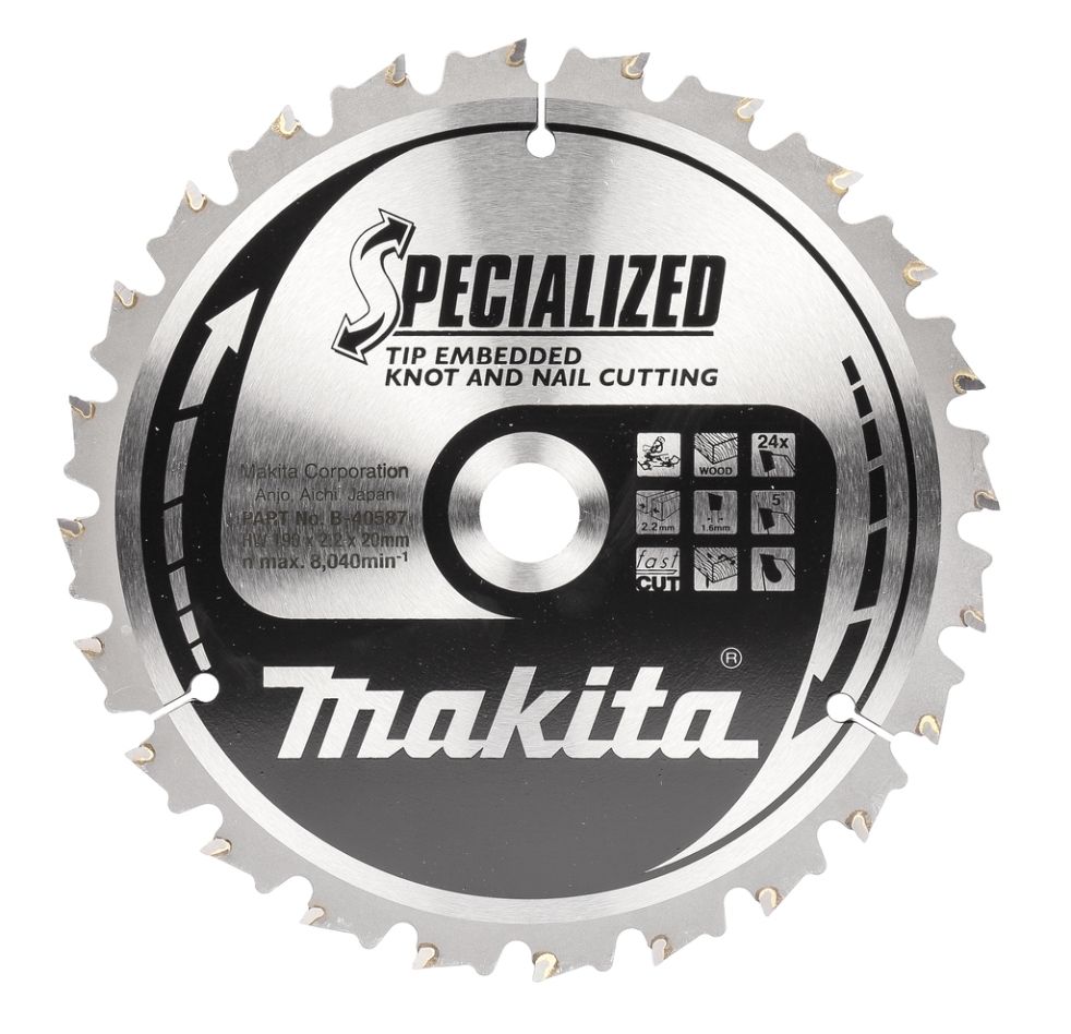 Makita Accessoires B-40587 Afkortzaagblad Hout (noest/spijker) Embedded Tip 190x20x2,2 24T 5g