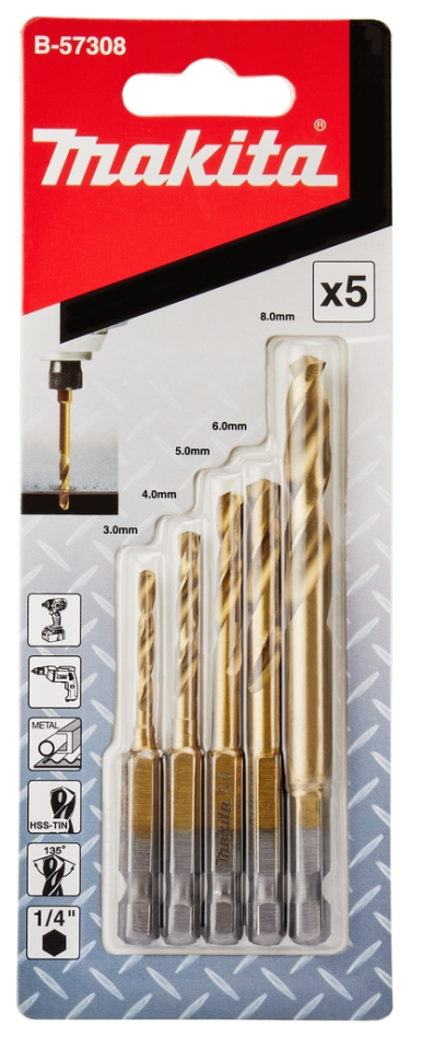 Makita Accessoires B-57308 Metaalborenset HSS-TiN 5-delig